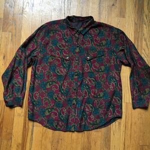 Vintage Paisley Maroon Button Down w/ Gold Birds